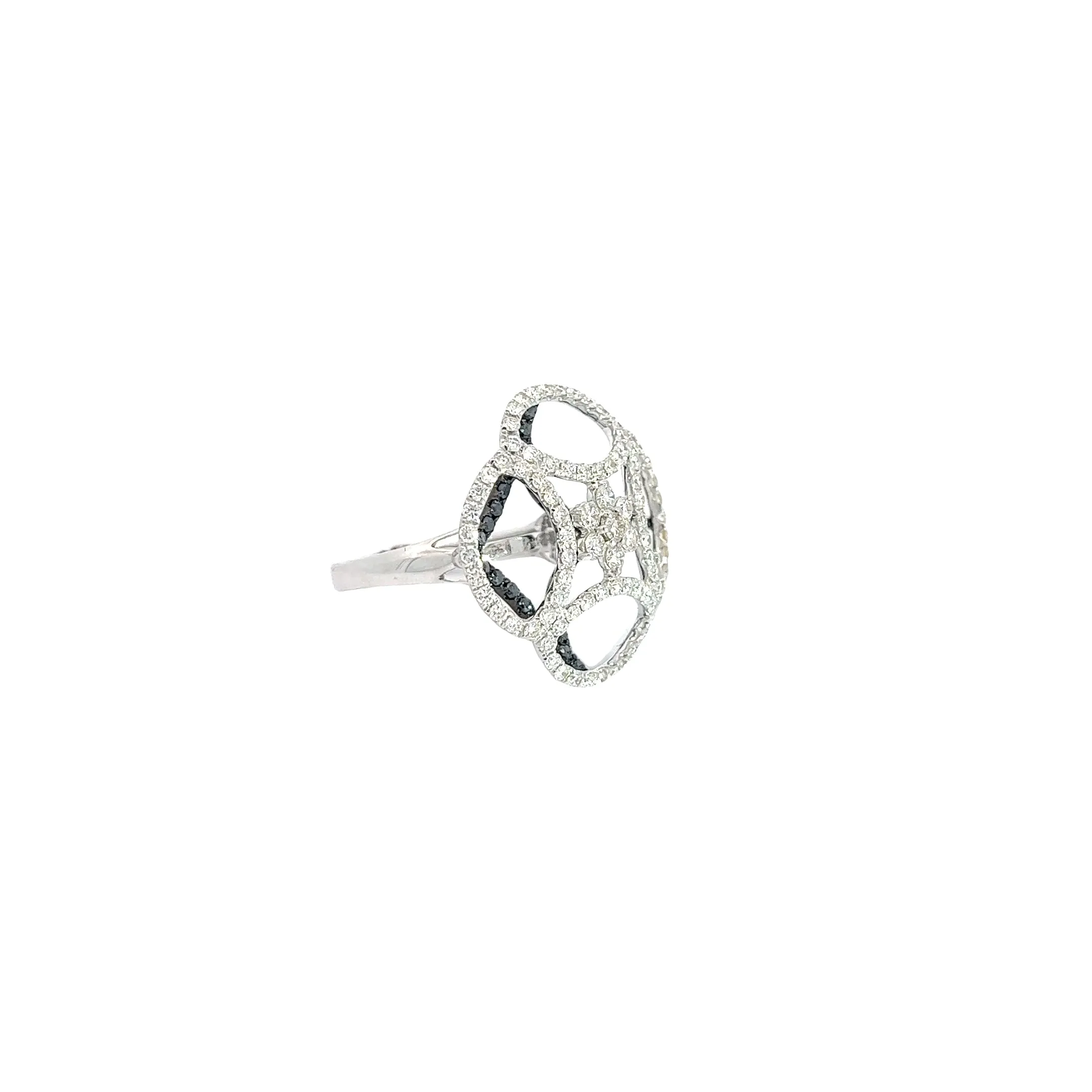 18k white Gold 1.05ct F VS2 Round White Diamond and surround by .25ct Round Black Diamond Ring