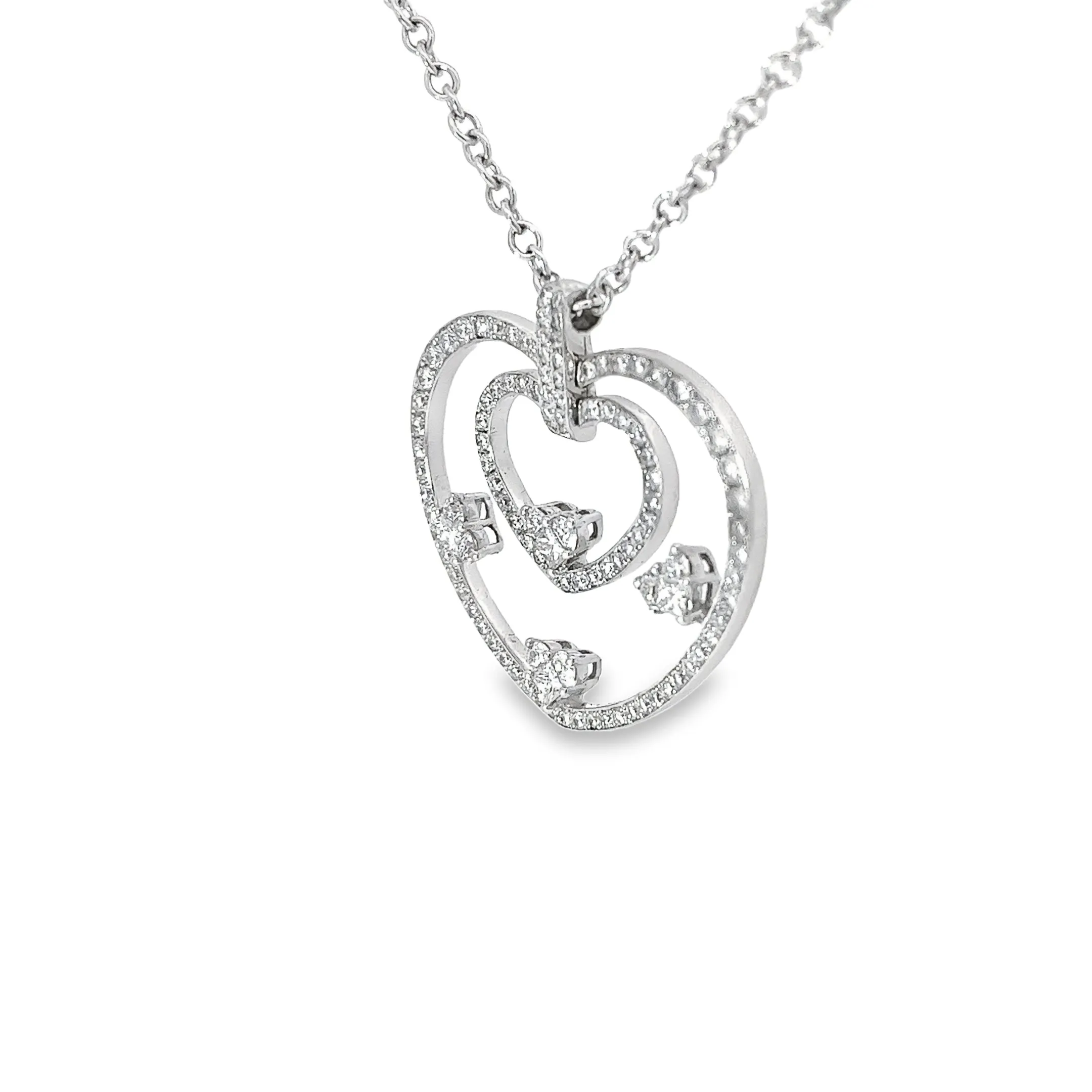 18K White Gold 2.00ct F VS2 Round and Princess Diamond Heart Necklace