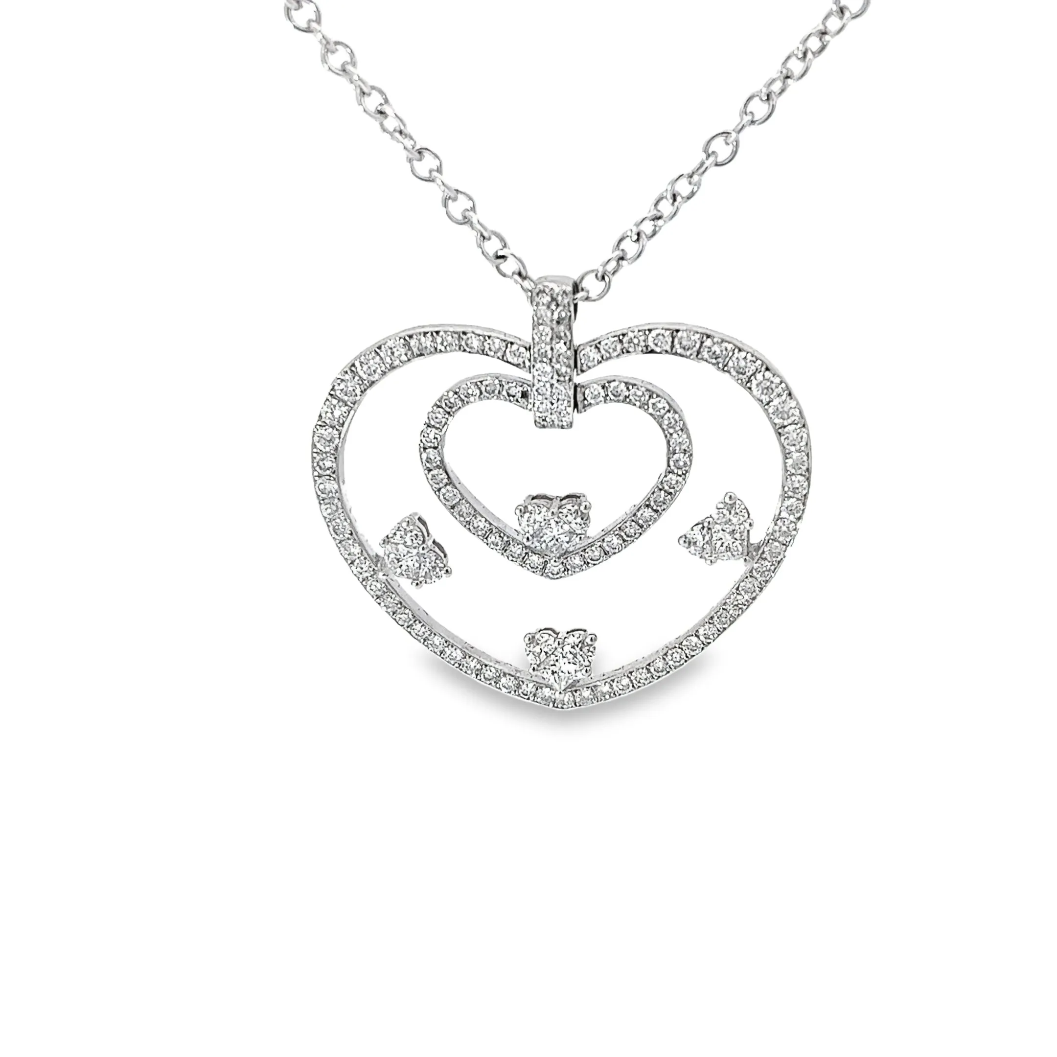 18K White Gold 2.00ct F VS2 Round and Princess Diamond Heart Necklace