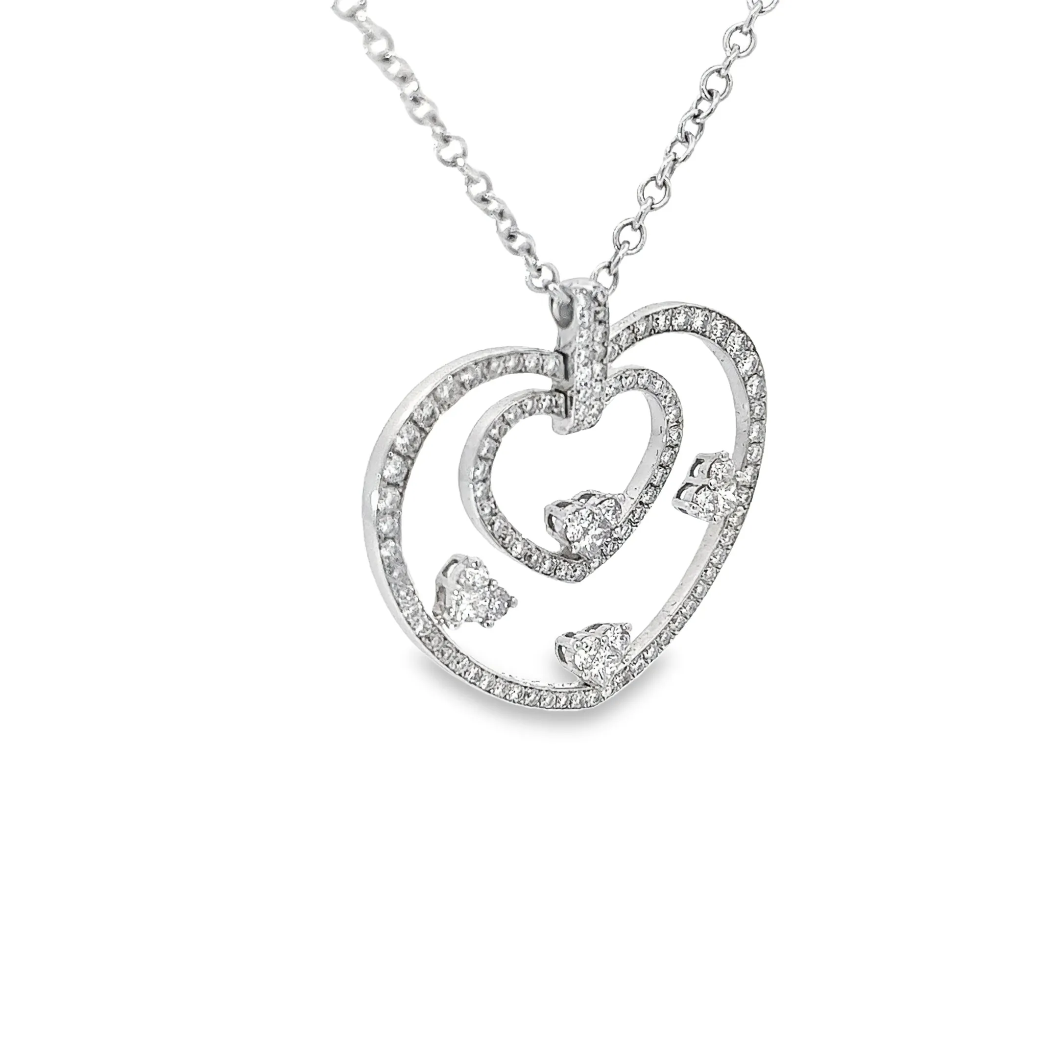 18K White Gold 2.00ct F VS2 Round and Princess Diamond Heart Necklace