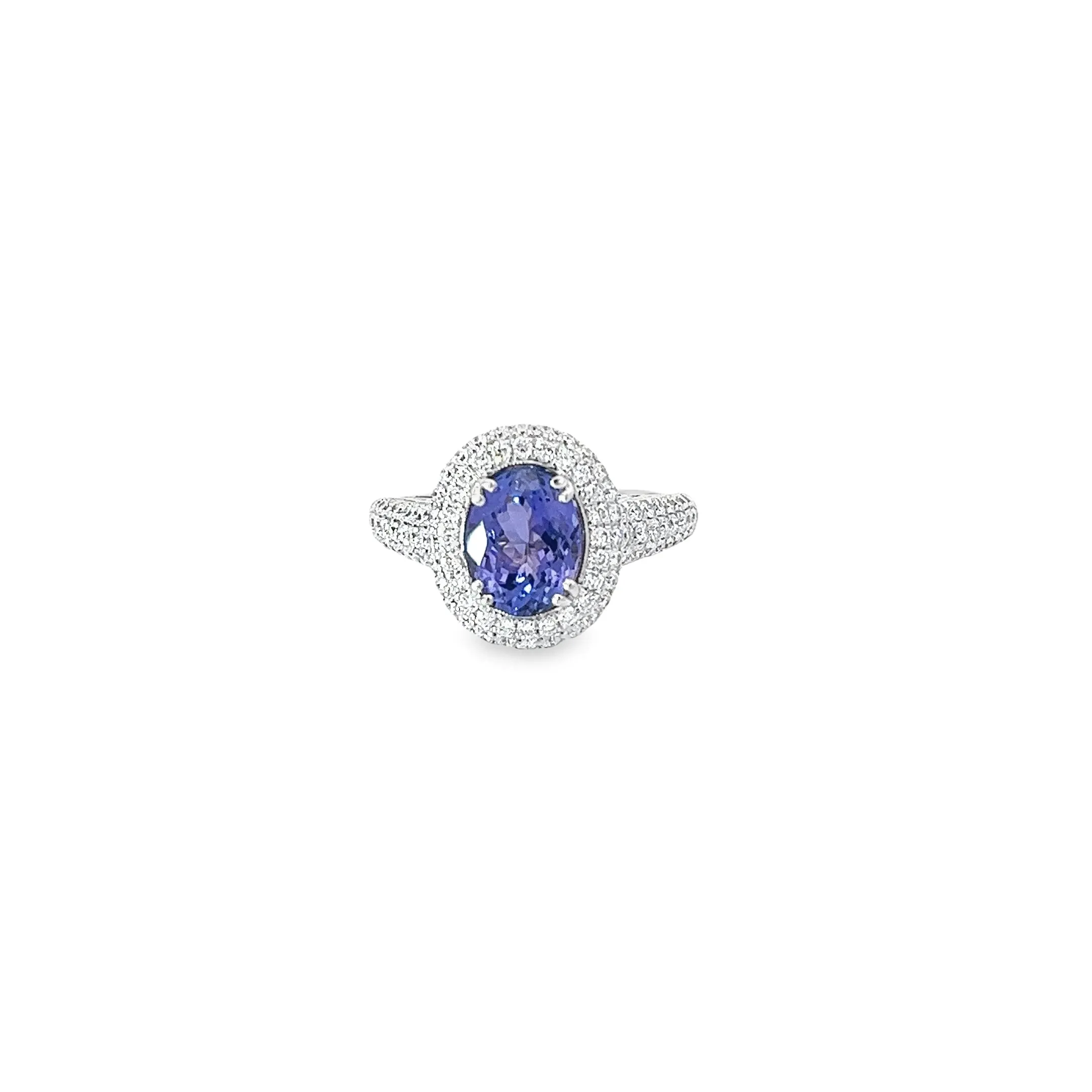 18K WHITE GOLD 2CT TANZANITE AA AND 1CT FVS2 ROUND DIAMOND PAVE RING