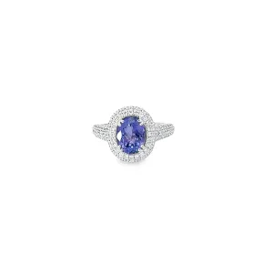 18K WHITE GOLD 2CT TANZANITE AA AND 1CT FVS2 ROUND DIAMOND PAVE RING