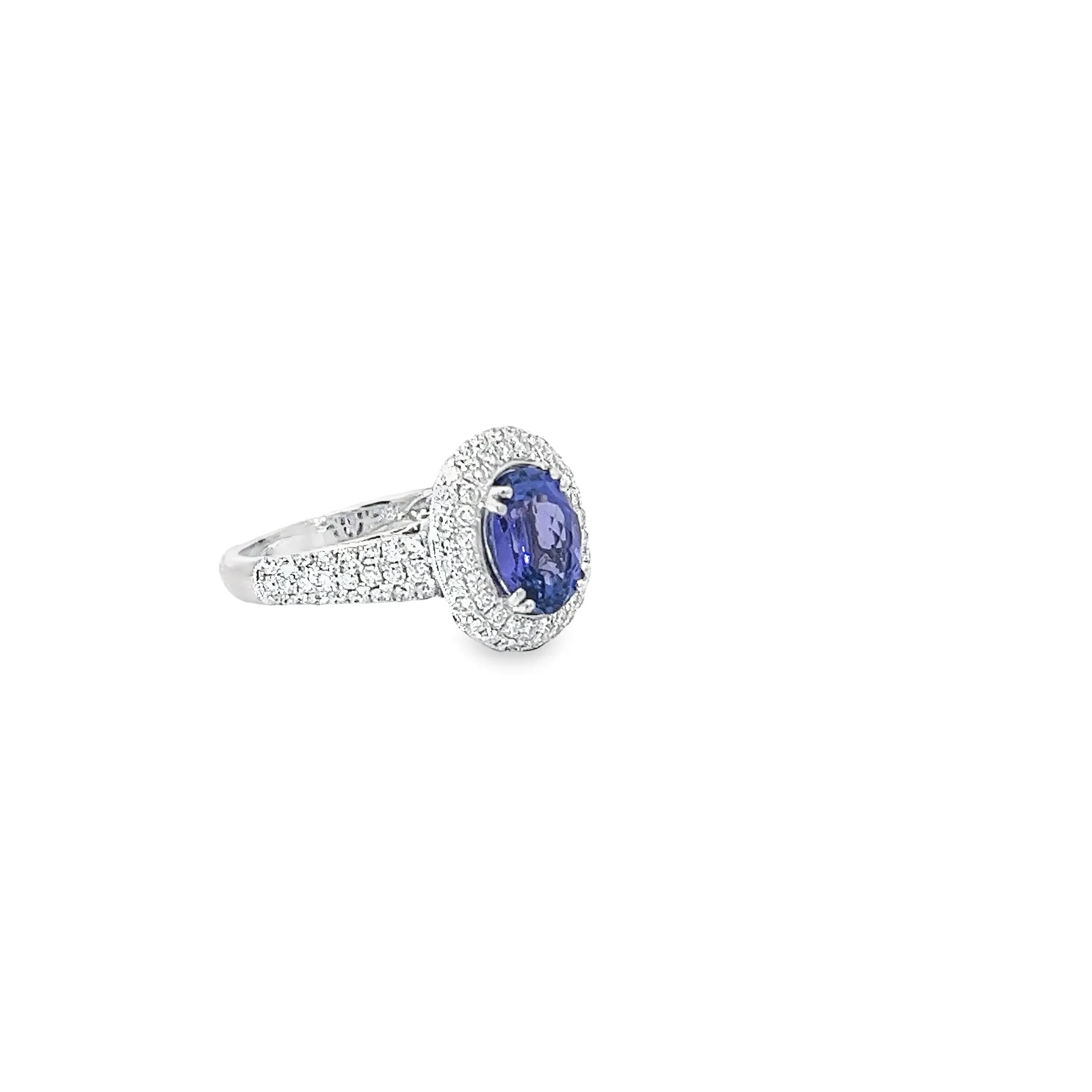 18K WHITE GOLD 2CT TANZANITE AA AND 1CT FVS2 ROUND DIAMOND PAVE RING