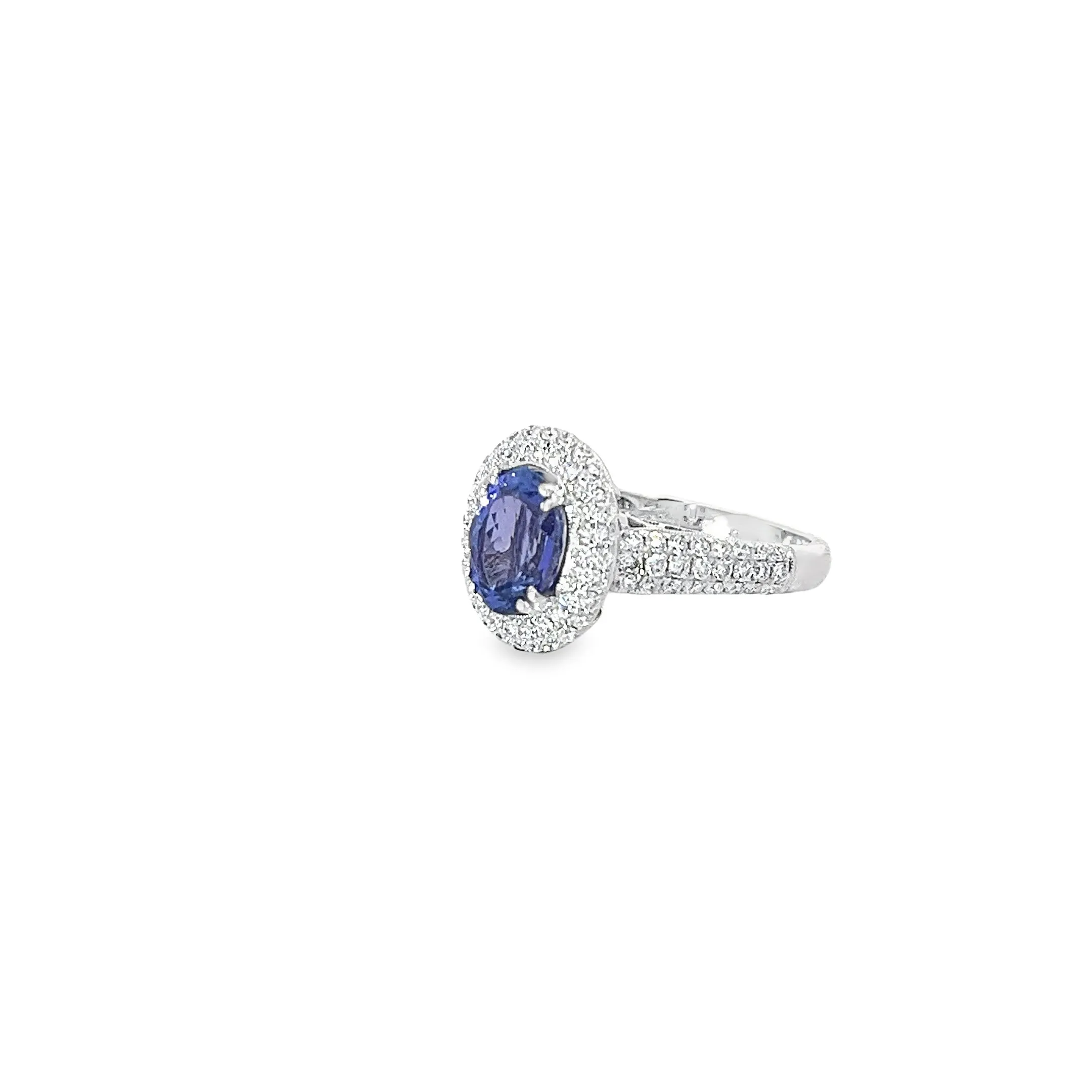 18K WHITE GOLD 2CT TANZANITE AA AND 1CT FVS2 ROUND DIAMOND PAVE RING