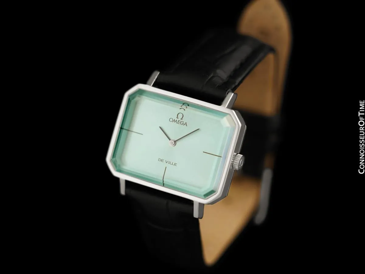 1973 Omega De Ville Mens Midsize "Emerald" Modern Watch with Tiffany Blue DIal By Andrew Grima - Stainless Steel
