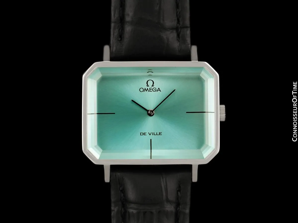 1973 Omega De Ville Mens Midsize "Emerald" Modern Watch with Tiffany Blue DIal By Andrew Grima - Stainless Steel