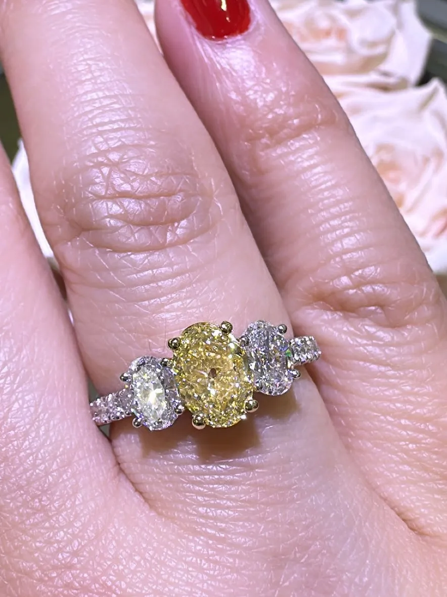1.97ct tw Oval Canary Fancy Yellow Three Stone Diamond Ring