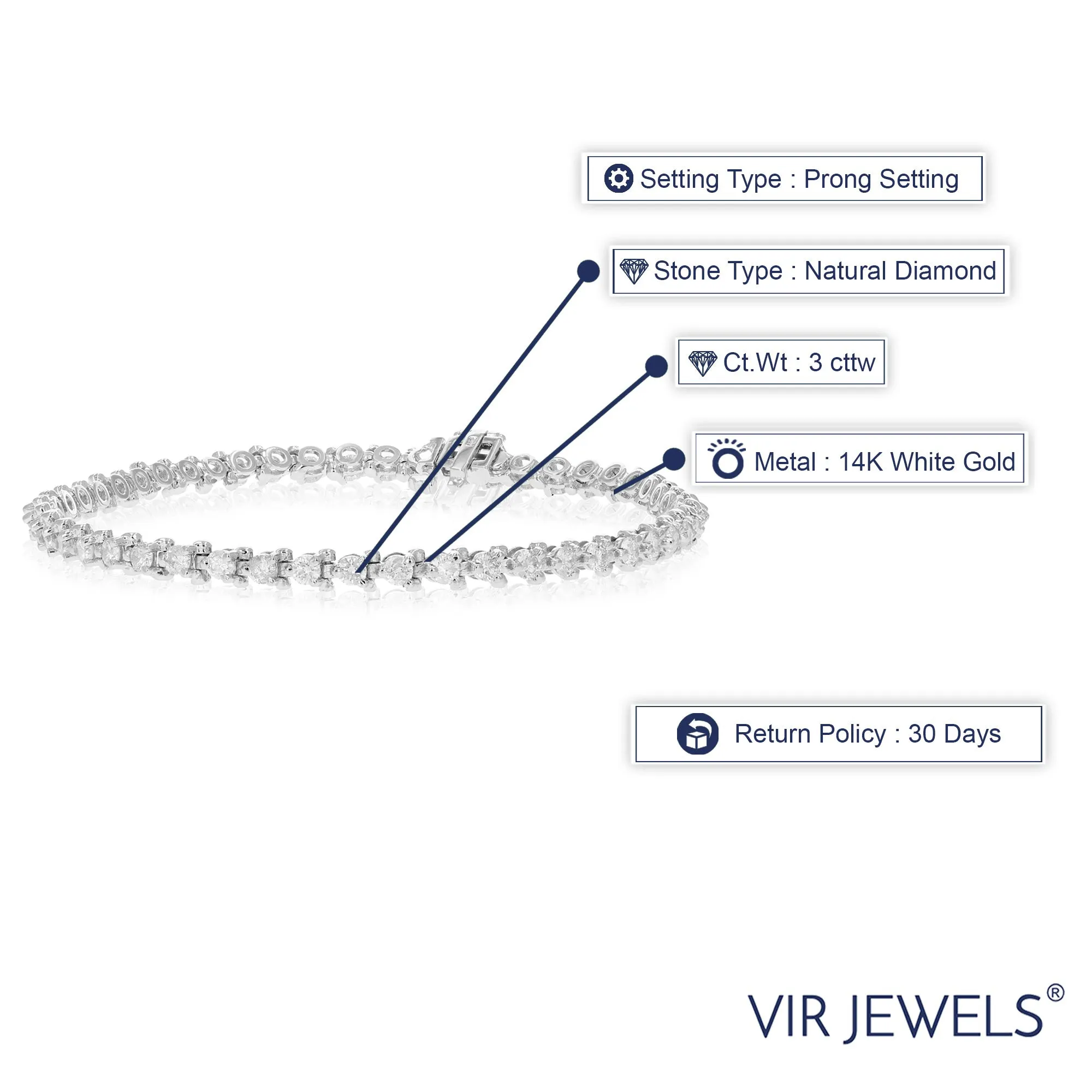 3 cttw Diamond Trillion Shape Tennis Bracelets in 14K White Gold