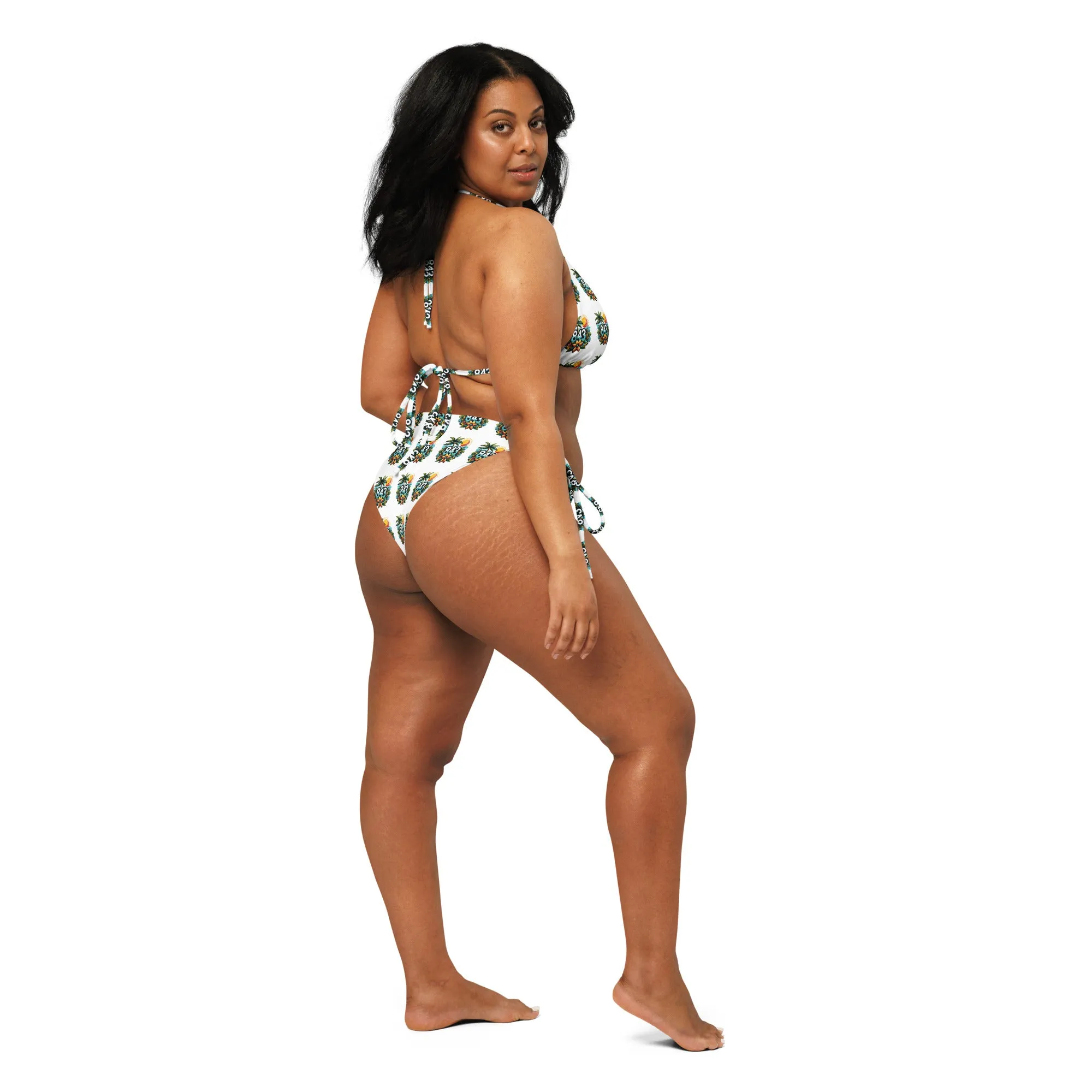 843 Tropical Pattern print White recycled string bikini