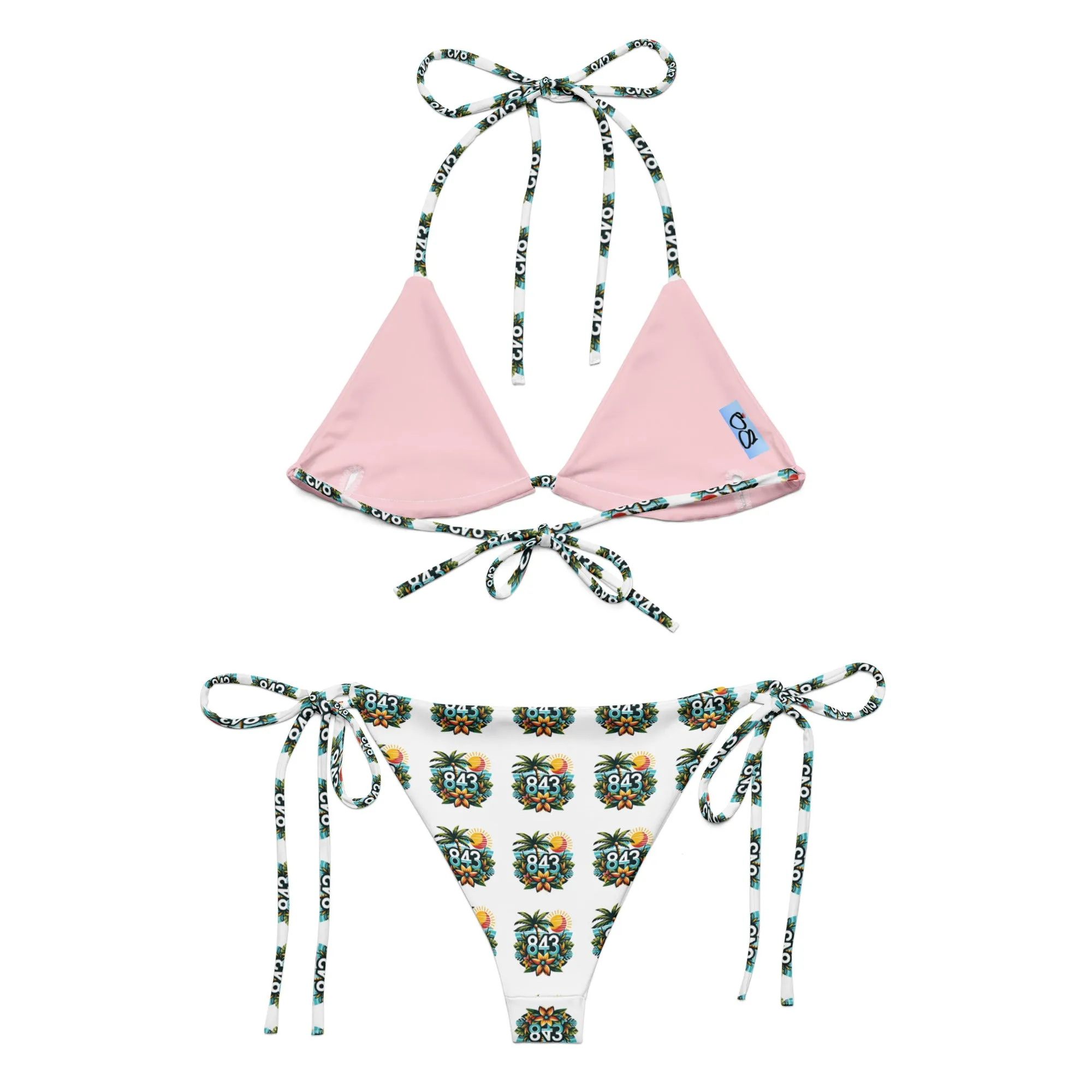 843 Tropical Pattern print White recycled string bikini