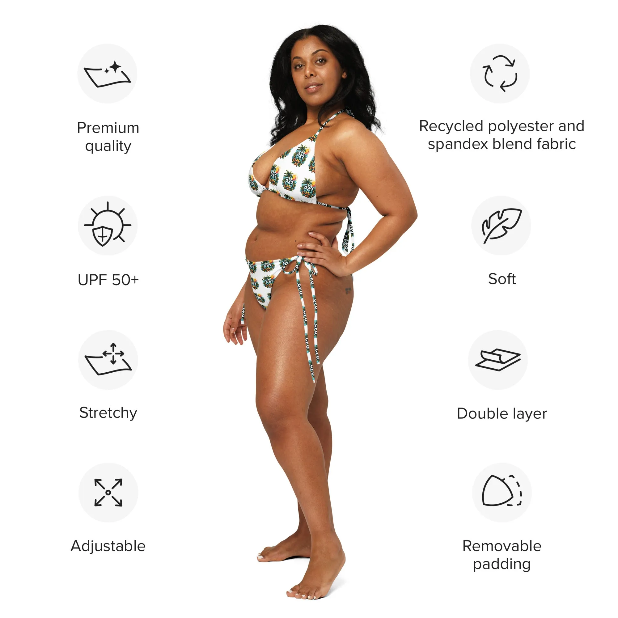 843 Tropical Pattern print White recycled string bikini