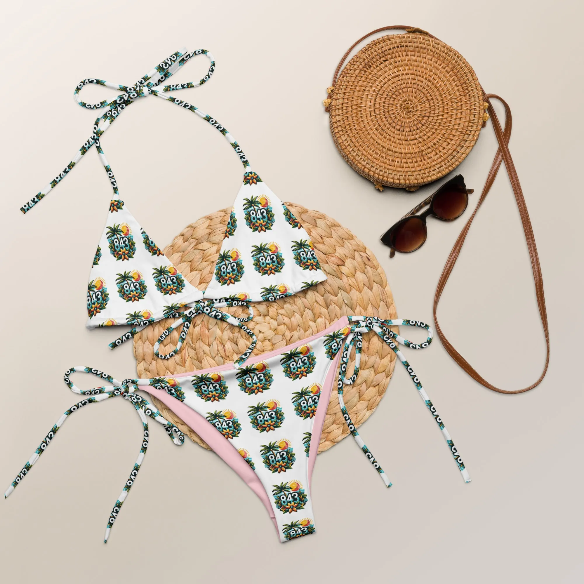 843 Tropical Pattern print White recycled string bikini