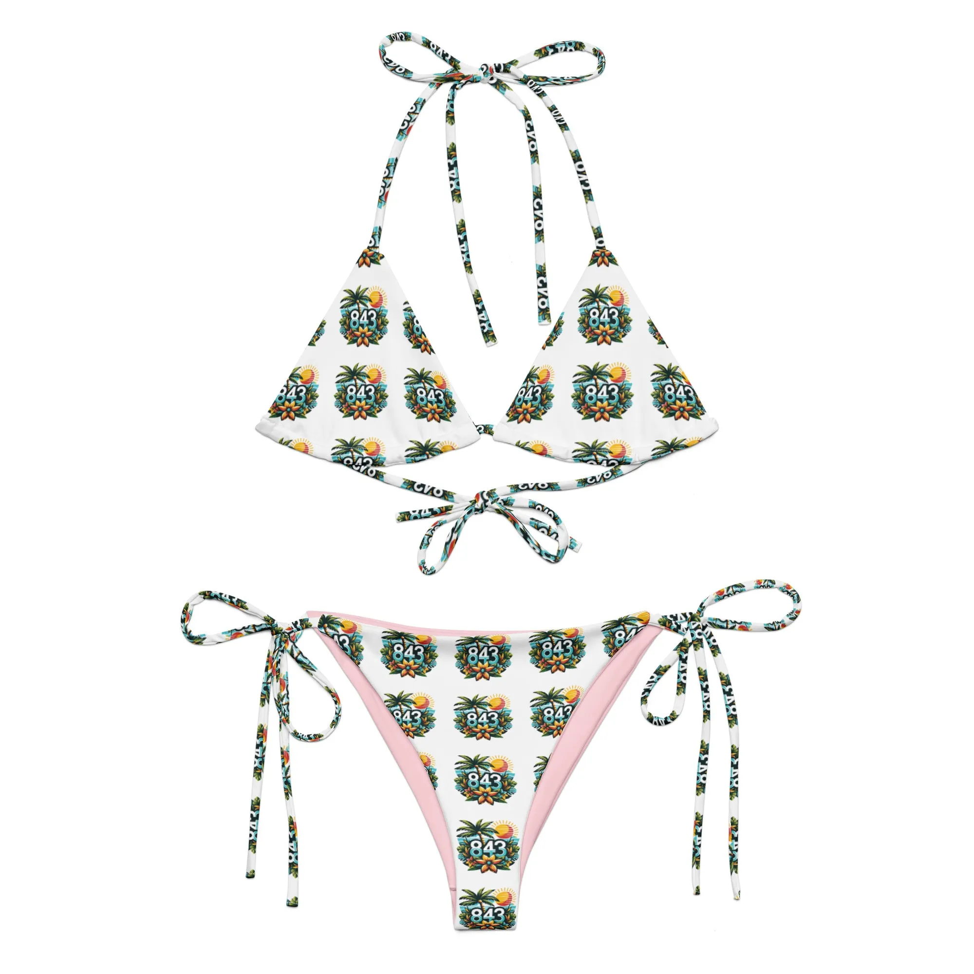 843 Tropical Pattern print White recycled string bikini