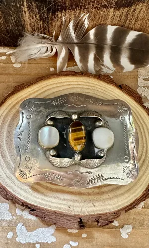 ABALONE TIGERS EYE Silver Nickel Large Belt Buckle