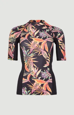 Anglet Shortsleeve-Schwimmshirt mit UPF 50  | Black Tropical Flower