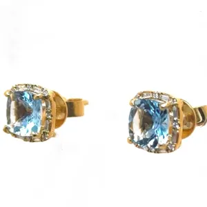 Aquamarine Cushion Cut Studs In 14K