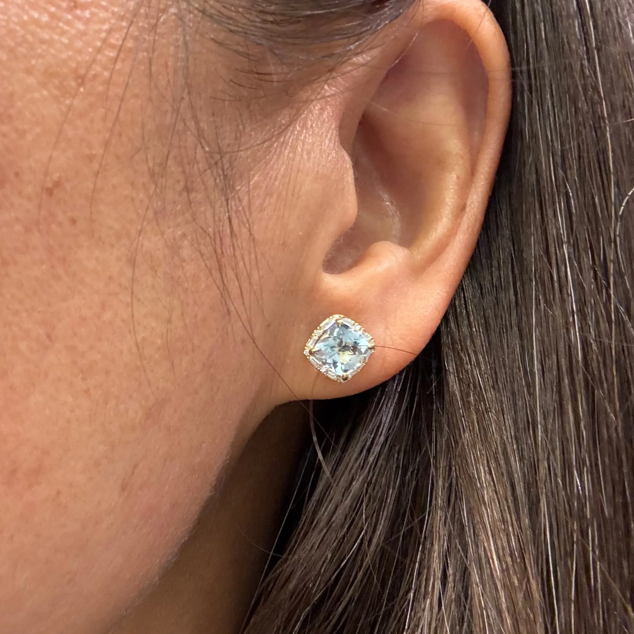 Aquamarine Cushion Cut Studs In 14K