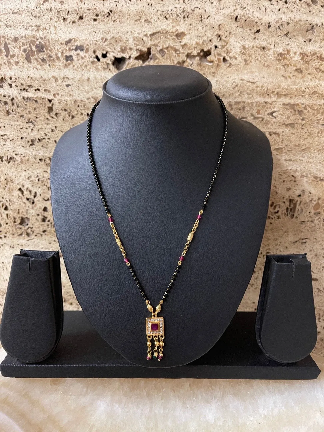 Artificial American Diamond Short Simple Modern Mangalsutra Designs Gold & Black Beads Chain
