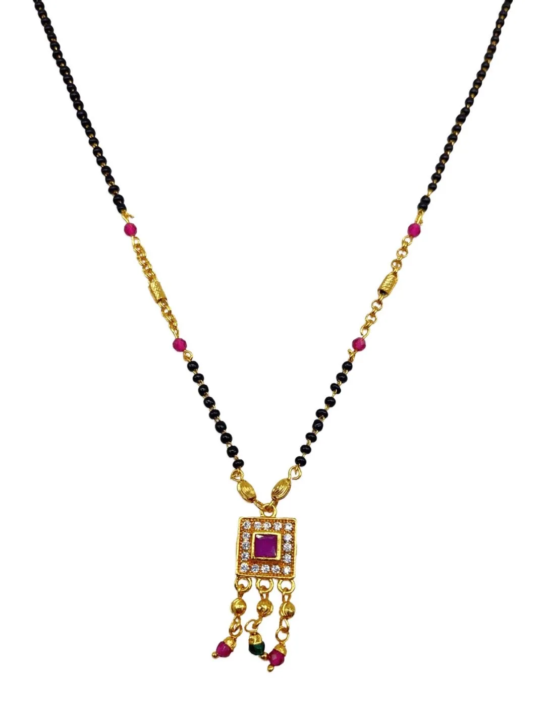 Artificial American Diamond Short Simple Modern Mangalsutra Designs Gold & Black Beads Chain