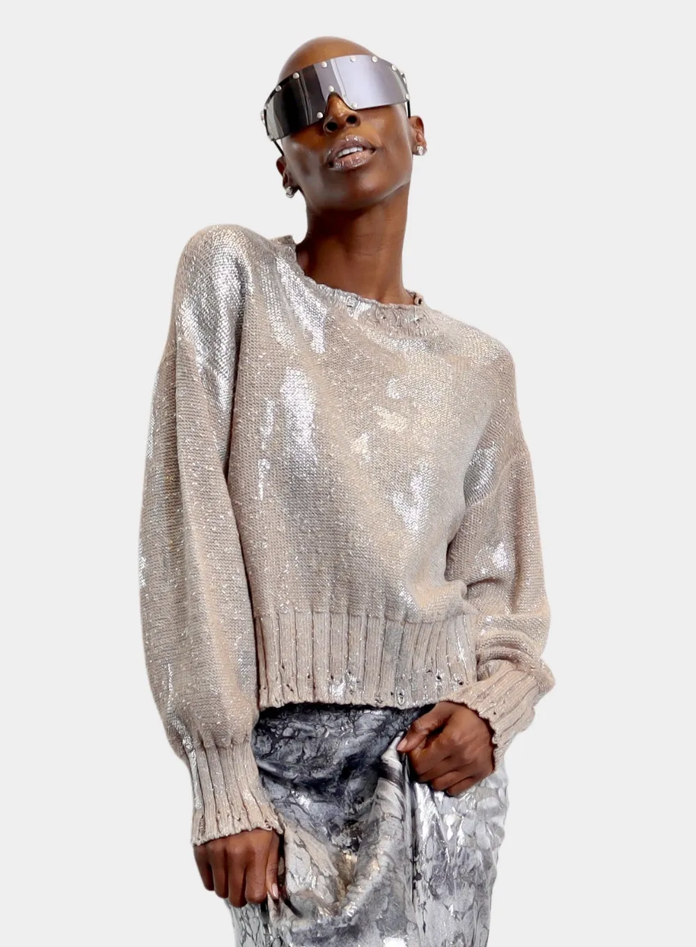 AVANT TOI | Distressed Metallic Round Neck Pullover
