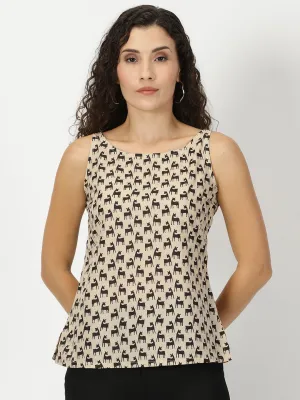 Beige Quirky Animal Print Cotton Tank Top