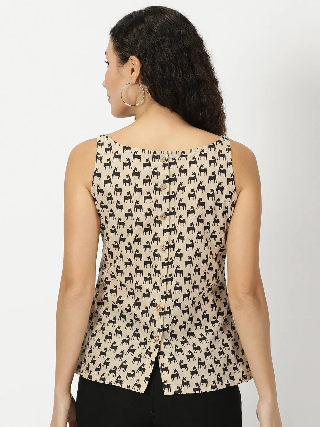 Beige Quirky Animal Print Cotton Tank Top
