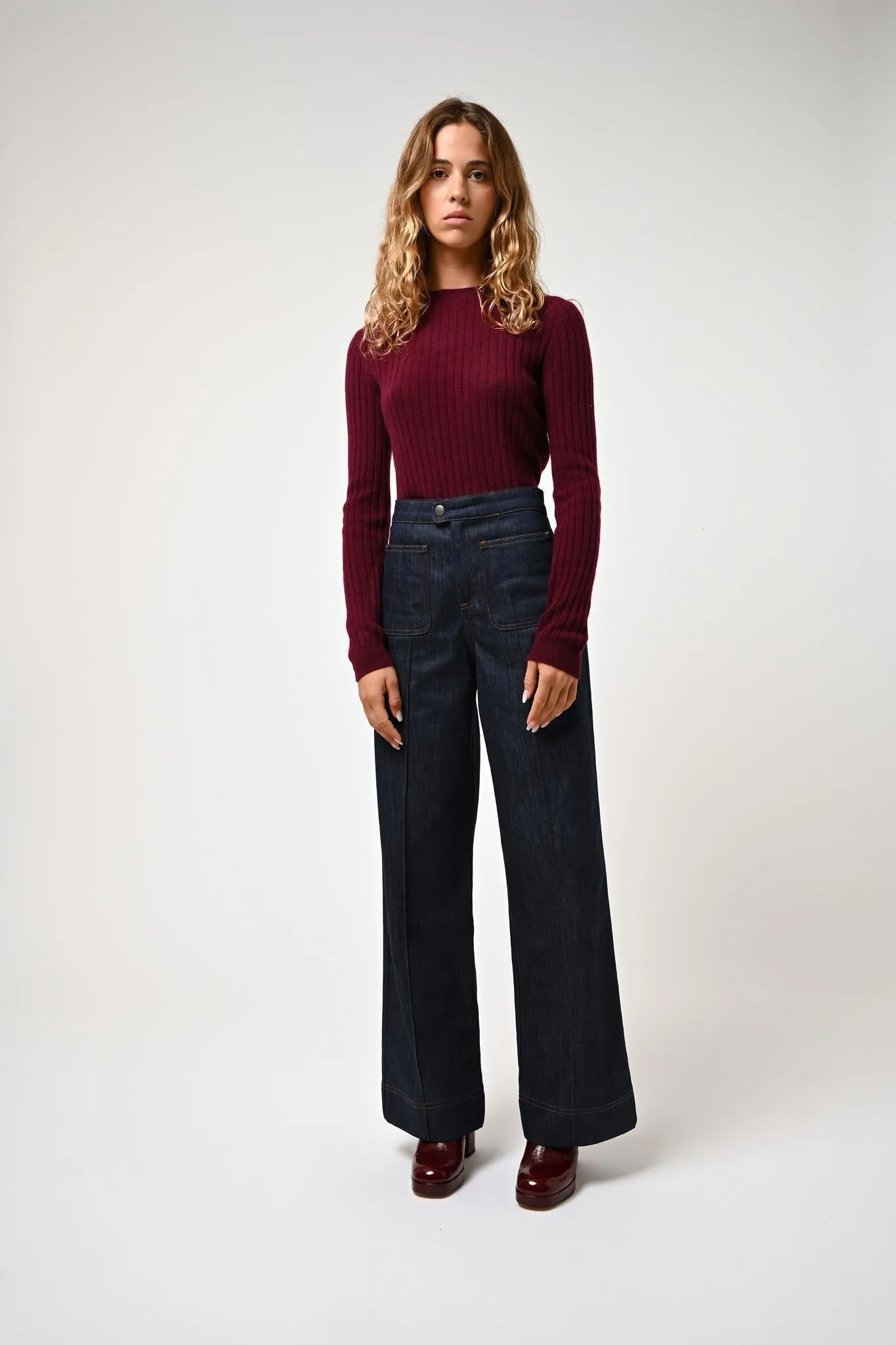 BELLA pull col rond bordeaux 100% cachemire