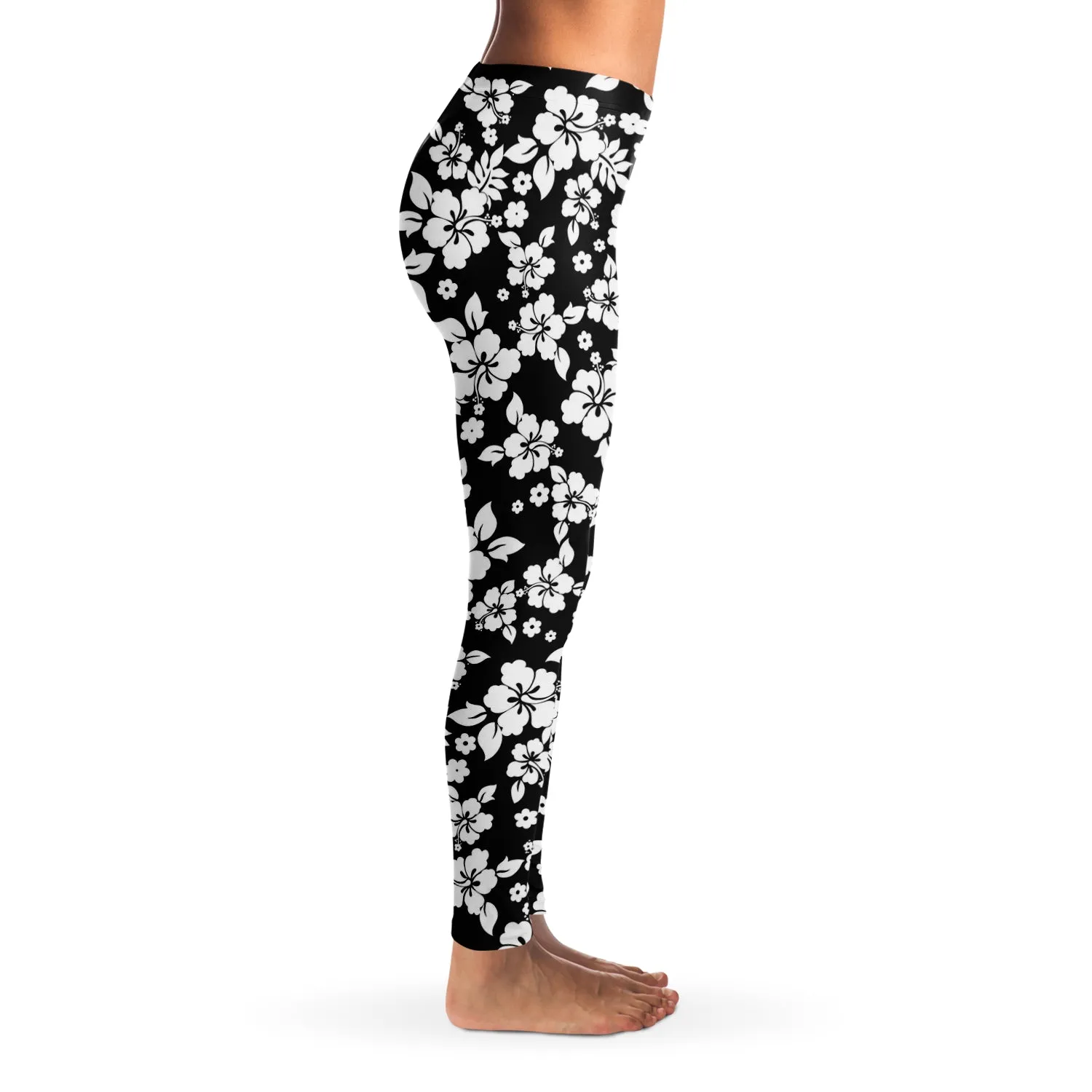 Black and White Hibiscus Flower Hawaiian Pattern Leggings XS - XL Squat Proof