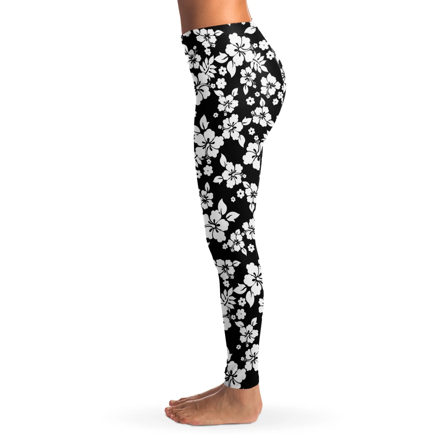 Black and White Hibiscus Flower Hawaiian Pattern Leggings XS - XL Squat Proof
