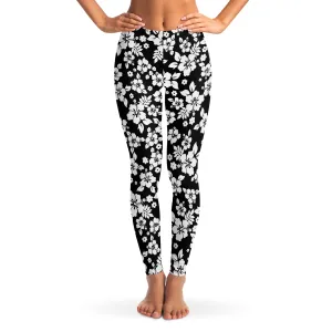 Black and White Hibiscus Flower Hawaiian Pattern Leggings XS - XL Squat Proof