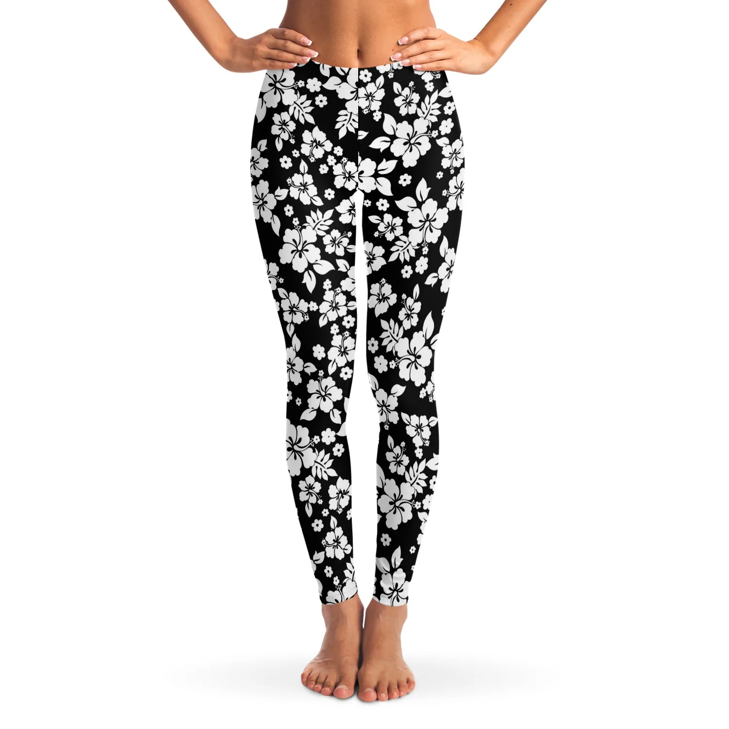 Black and White Hibiscus Flower Hawaiian Pattern Leggings XS - XL Squat Proof