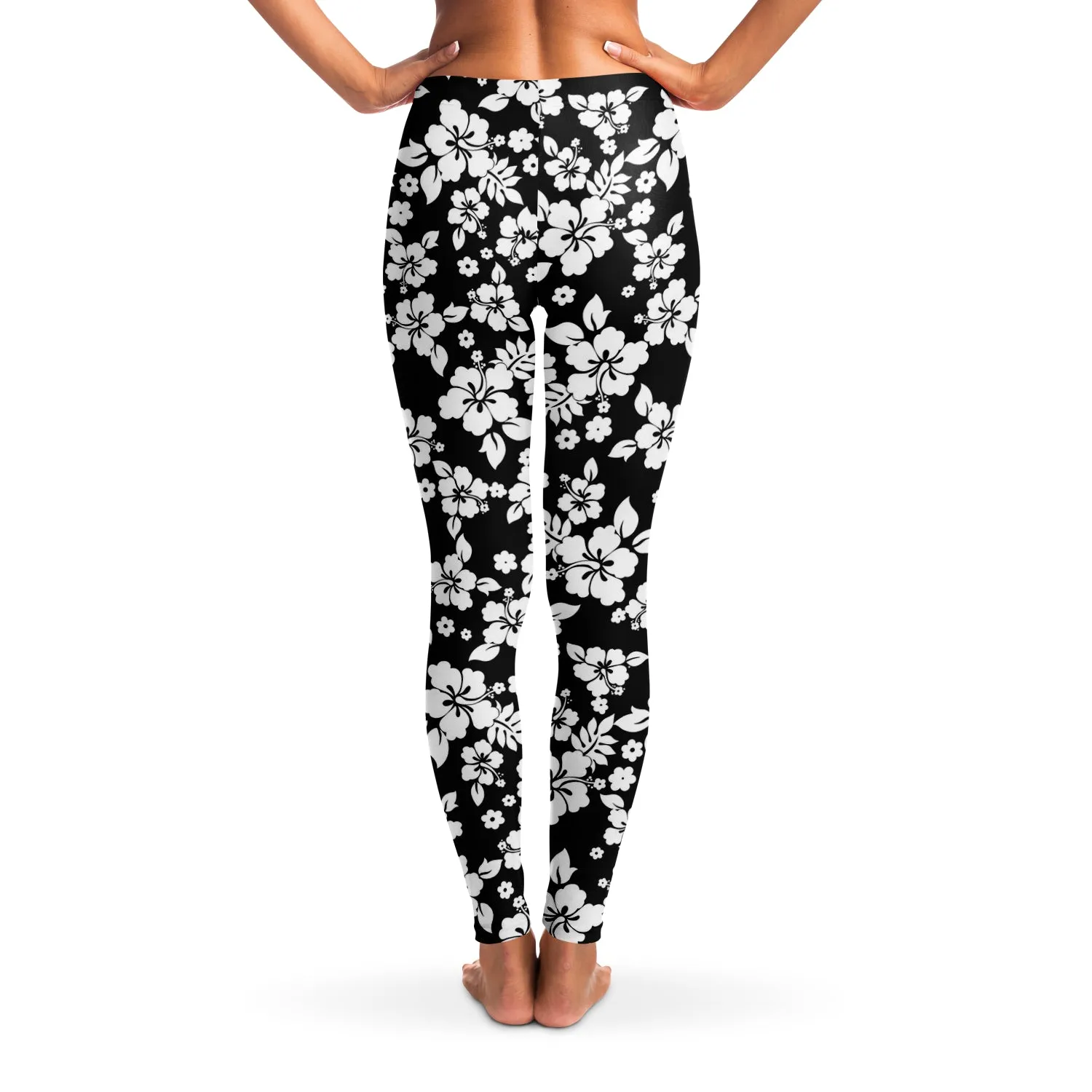Black and White Hibiscus Flower Hawaiian Pattern Leggings XS - XL Squat Proof