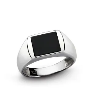 Black Stone Men's Simple Ring 925 Sterling Silver with Natural Onyx