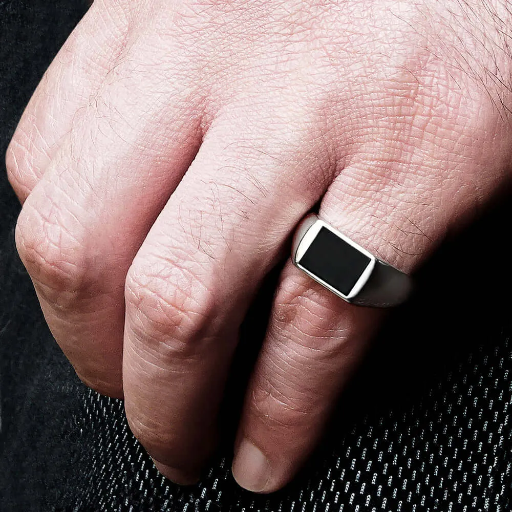 Black Stone Men's Simple Ring 925 Sterling Silver with Natural Onyx