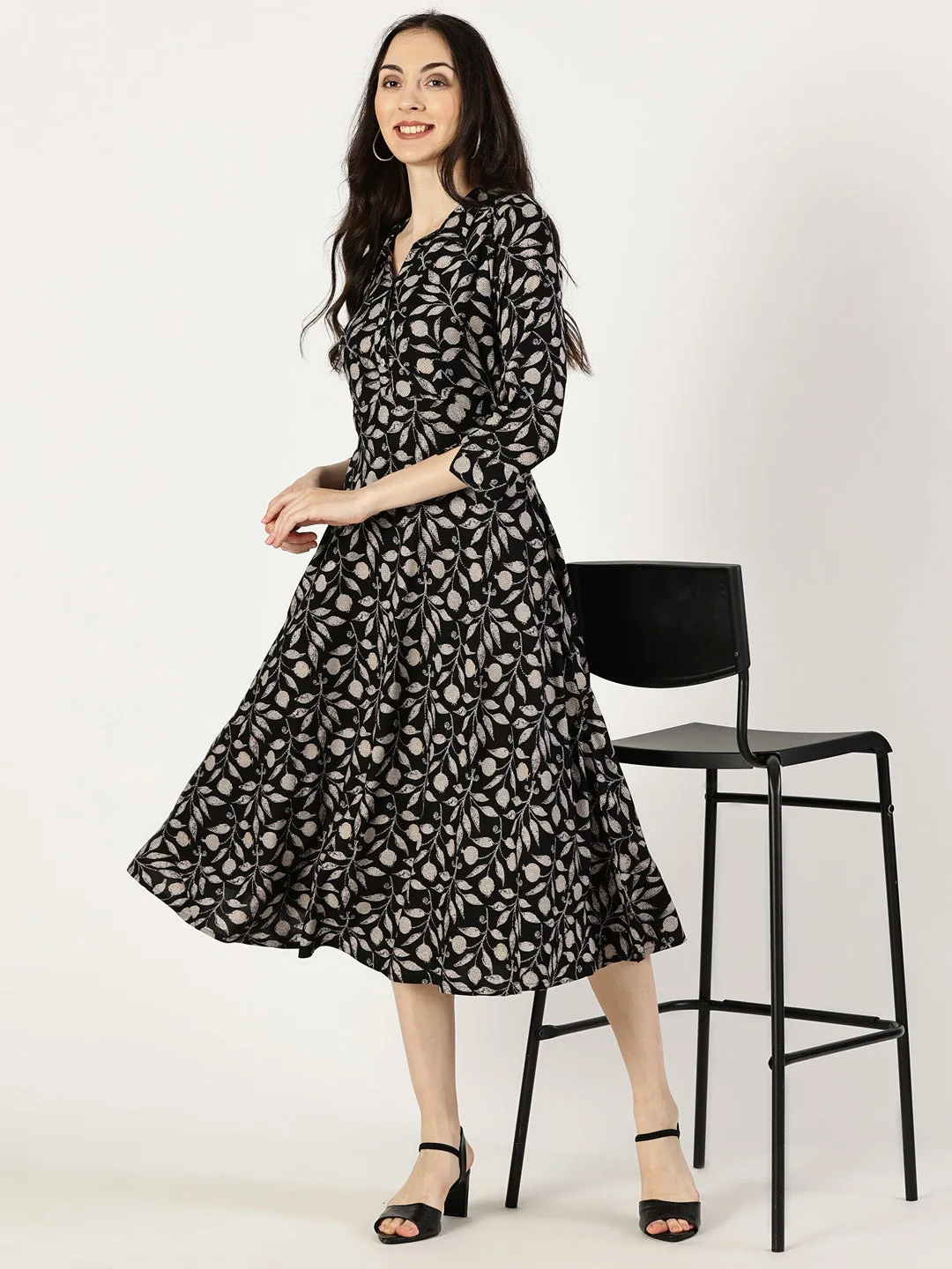 Black Tropical Print Shirt Collar Dress with Elastic Waist Belt