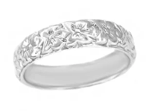 Blossomy Art Deco Tropic Flowers Wedding Band in 14K White Gold