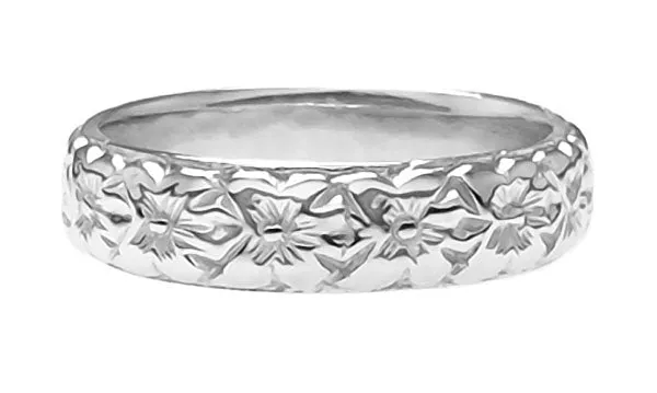 Blossomy Art Deco Tropic Flowers Wedding Band in 14K White Gold