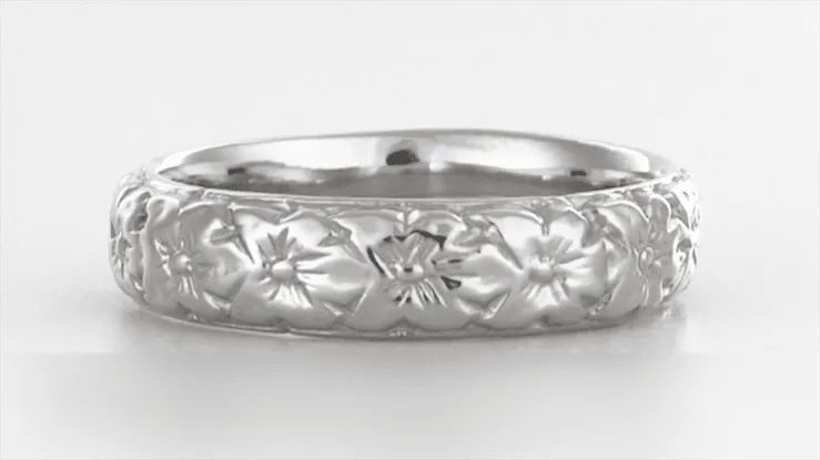 Blossomy Art Deco Tropic Flowers Wedding Band in 14K White Gold