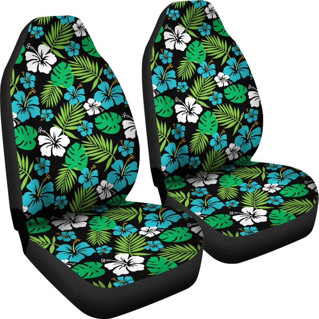 Blue and Green Hibiscus Flower Patten on Black Car Seat Covers Set of 2