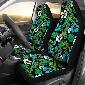 Blue and Green Hibiscus Flower Patten on Black Car Seat Covers Set of 2