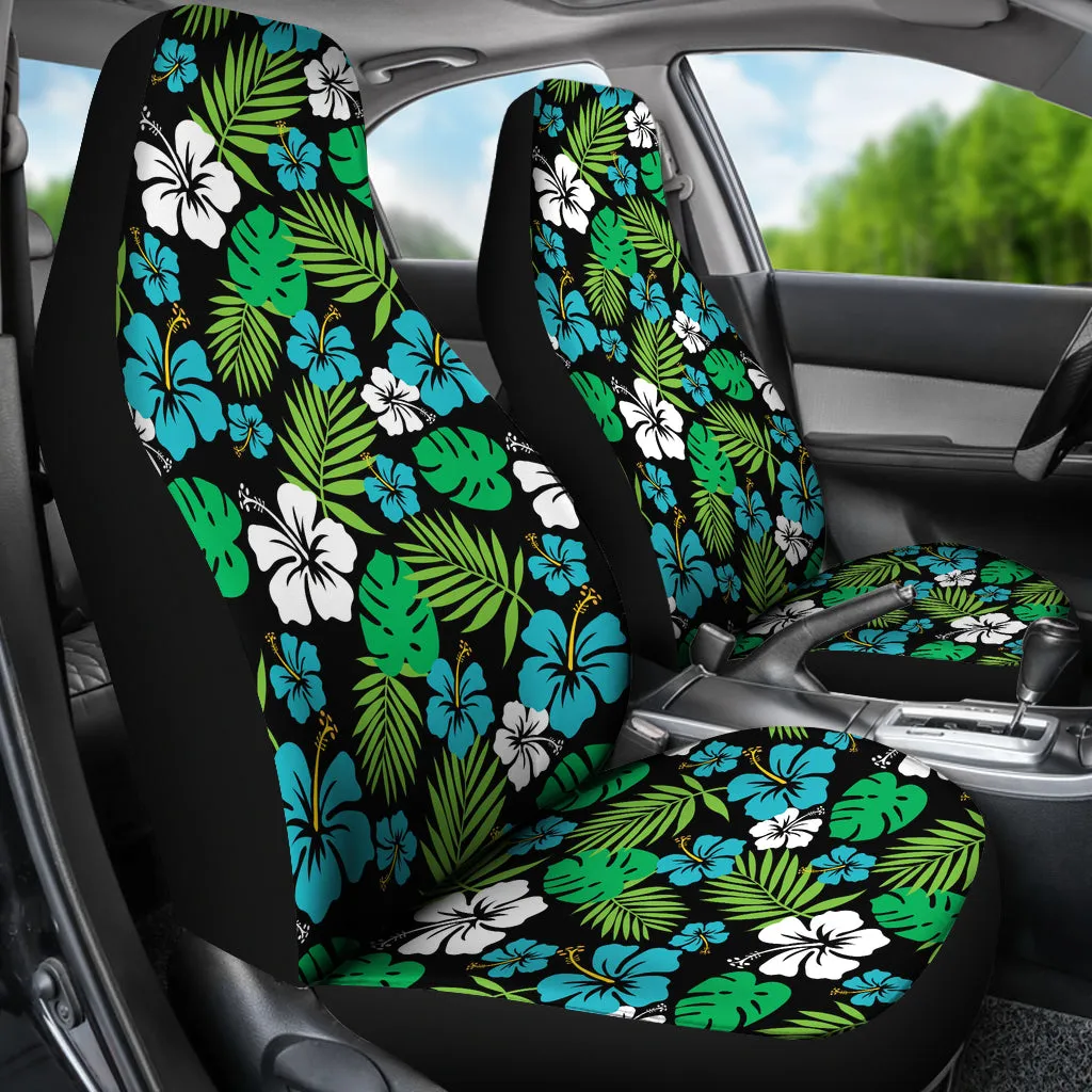 Blue and Green Hibiscus Flower Patten on Black Car Seat Covers Set of 2