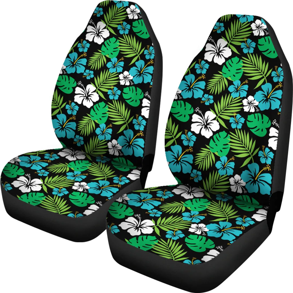 Blue and Green Hibiscus Flower Patten on Black Car Seat Covers Set of 2