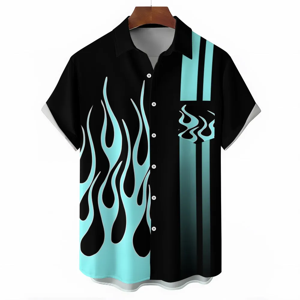 Blue Flame Print Stripes Casual Short Sleeve Shirt 2404000317