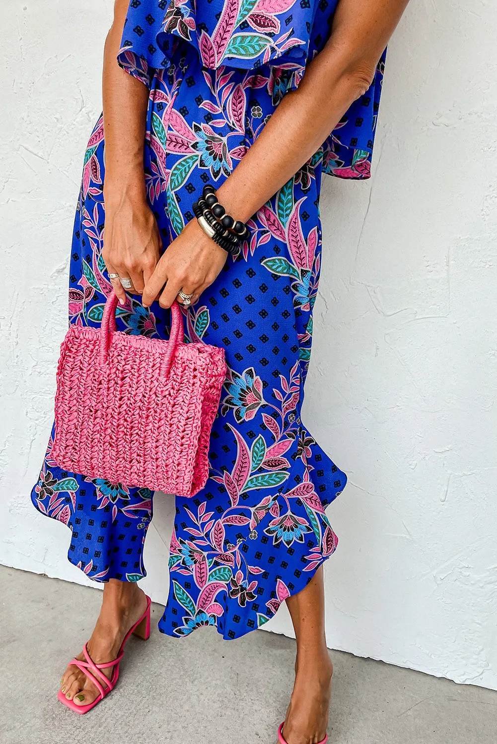 Blue Mix Tropical Print Strapless Ruffled Jumpsuit