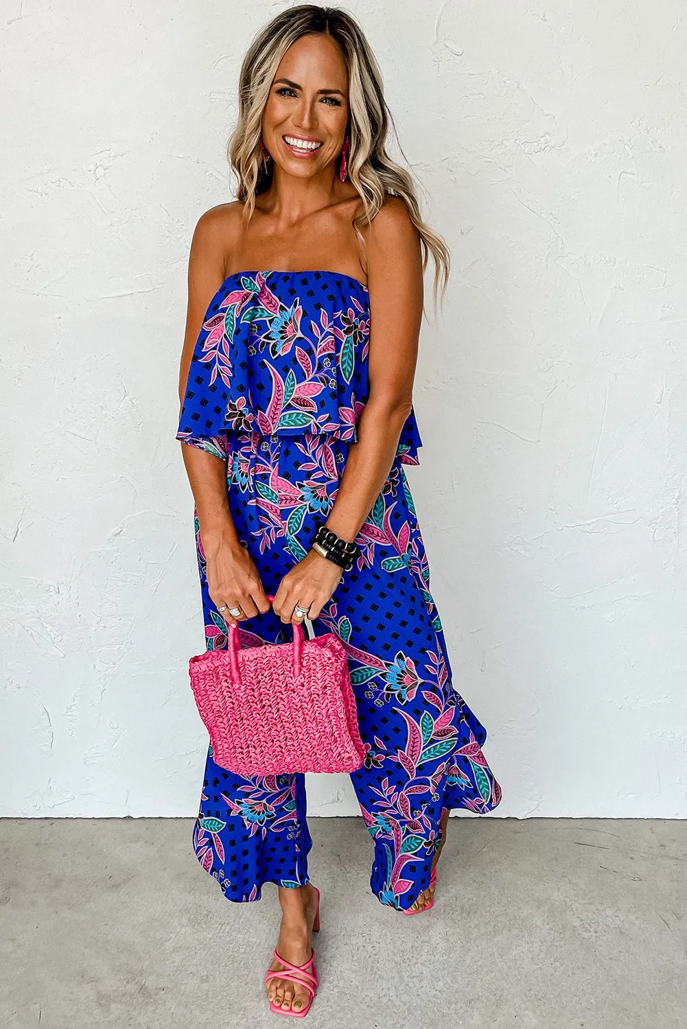 Blue Mix Tropical Print Strapless Ruffled Jumpsuit