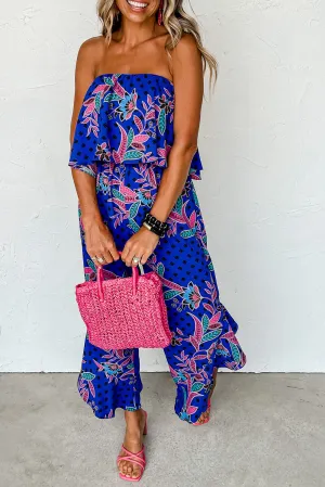Blue Mix Tropical Print Strapless Ruffled Jumpsuit