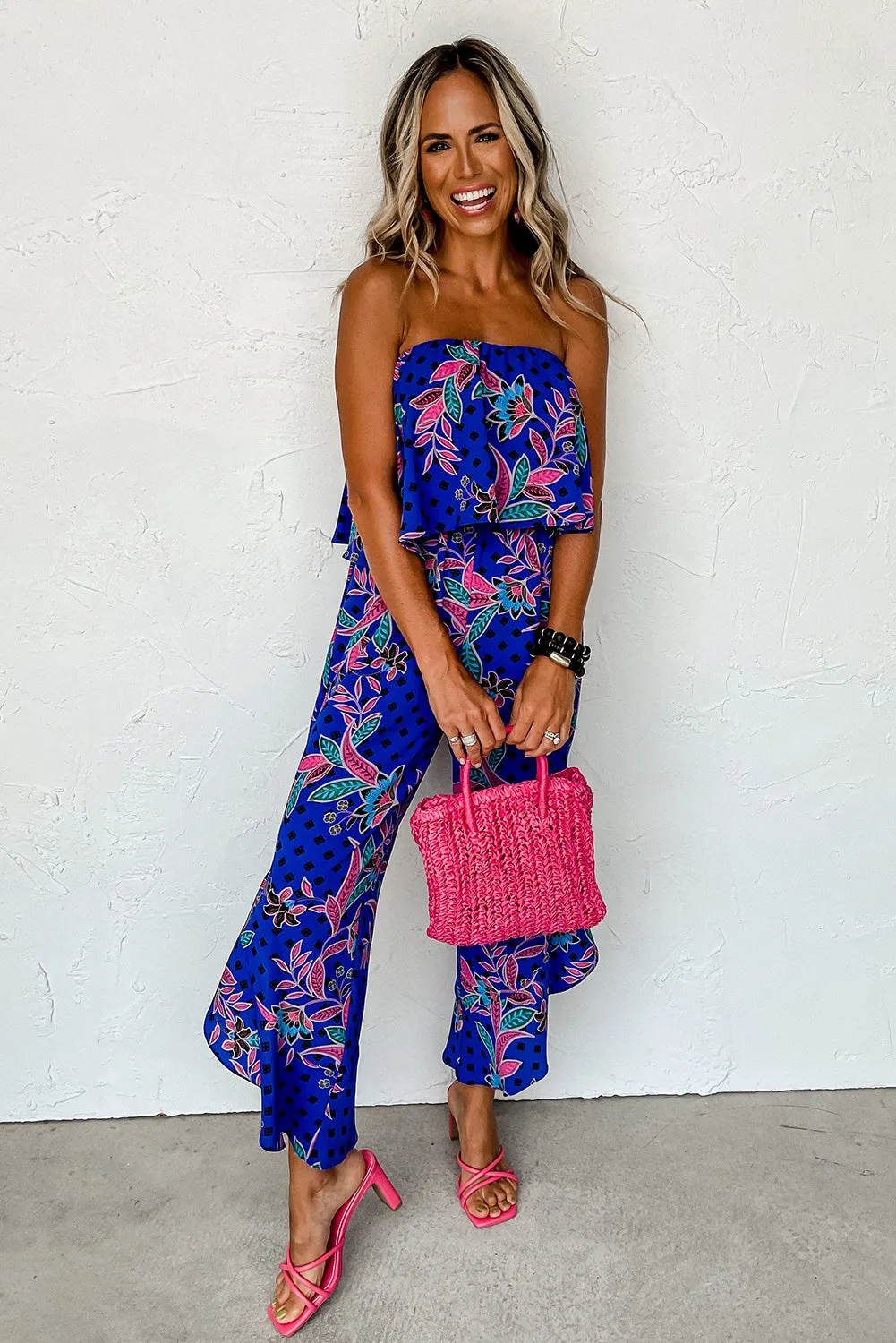 Blue Mix Tropical Print Strapless Ruffled Jumpsuit