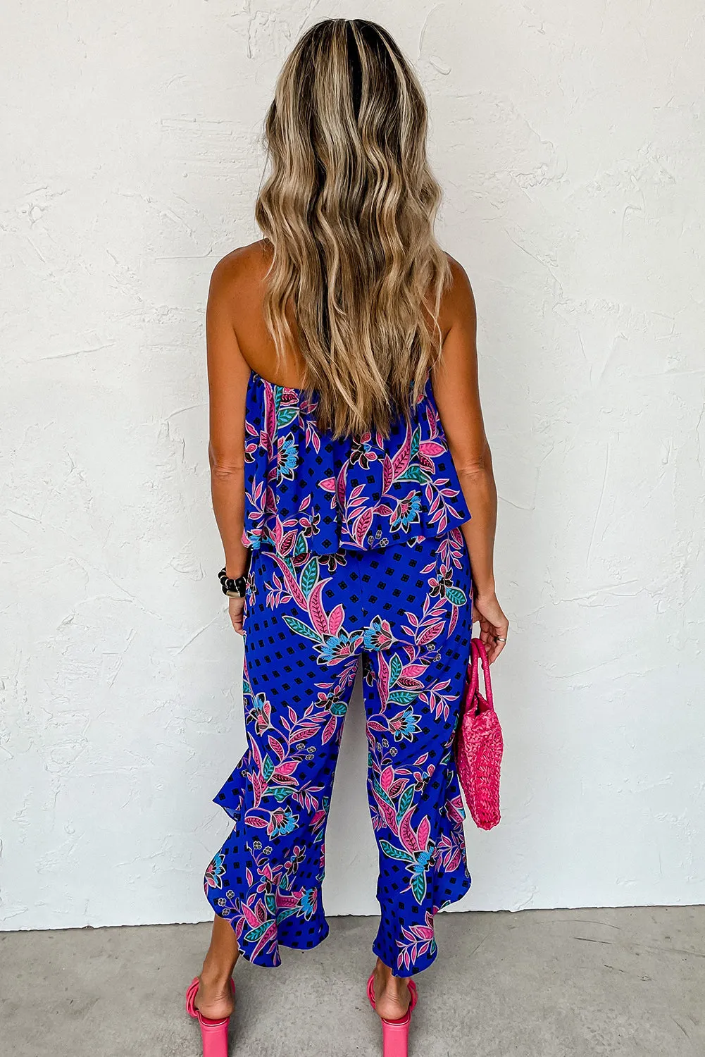 Blue Mix Tropical Print Strapless Ruffled Jumpsuit