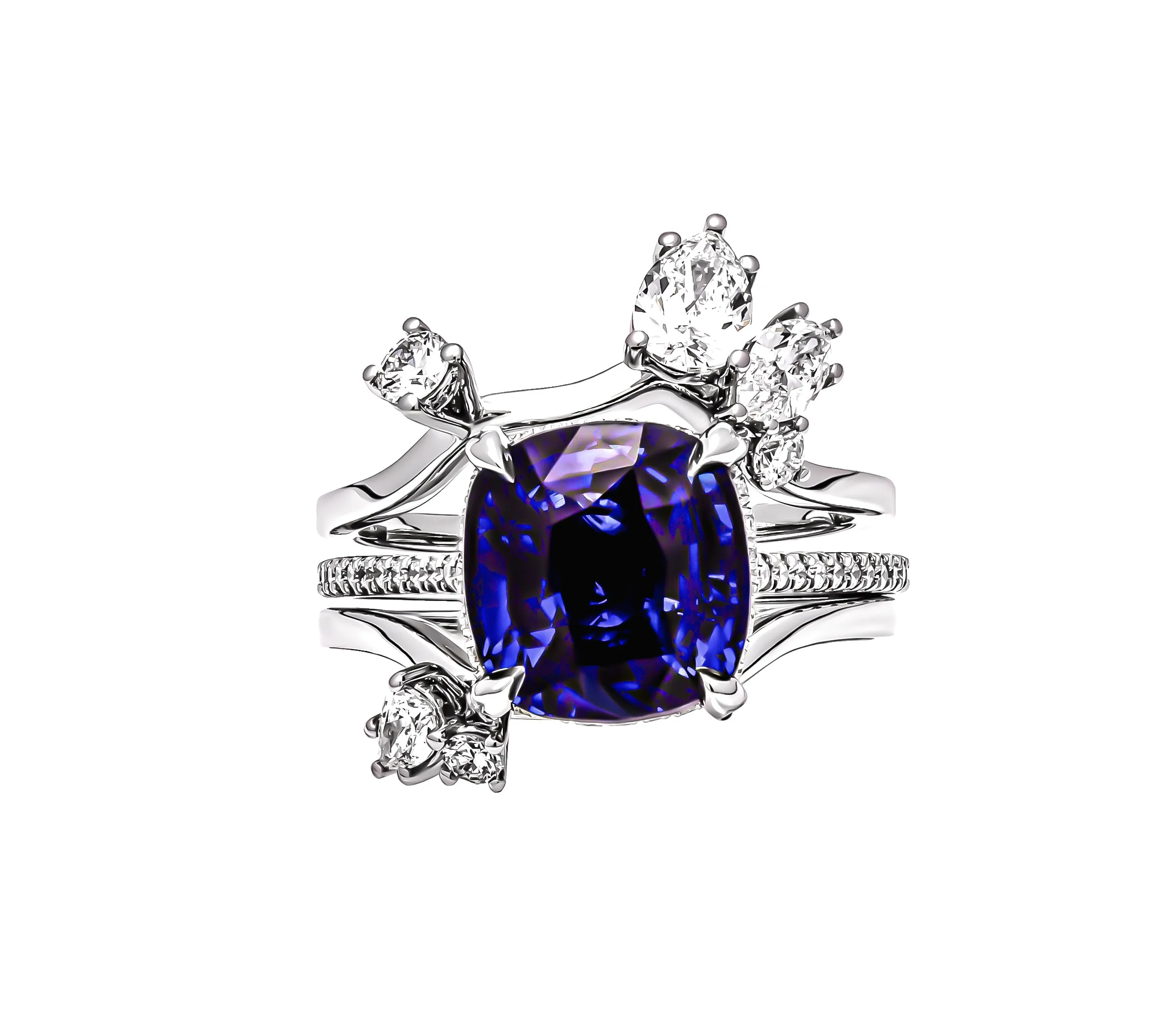 Blue Sapphire Ring with Diamond Insert in Platinum