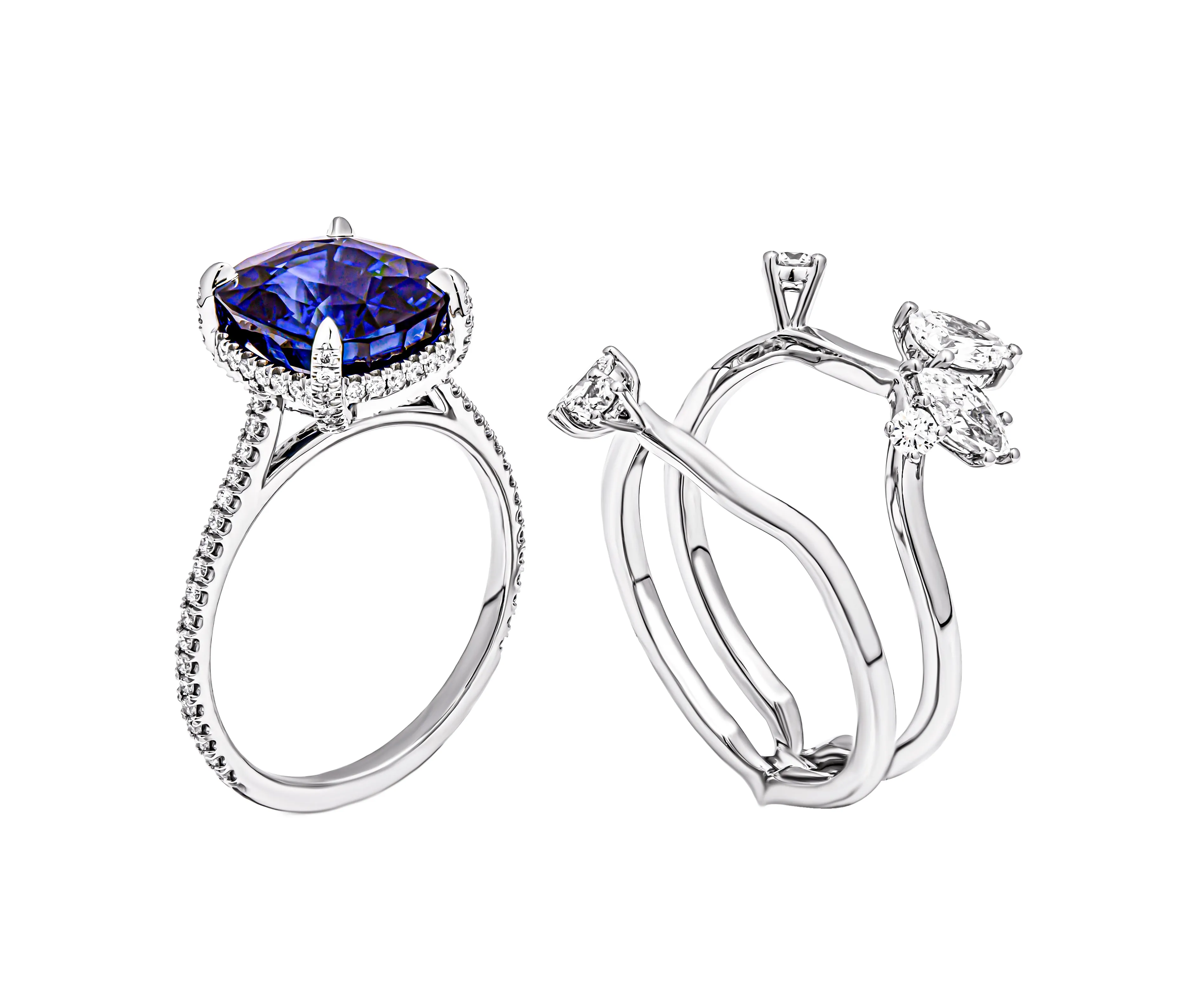 Blue Sapphire Ring with Diamond Insert in Platinum